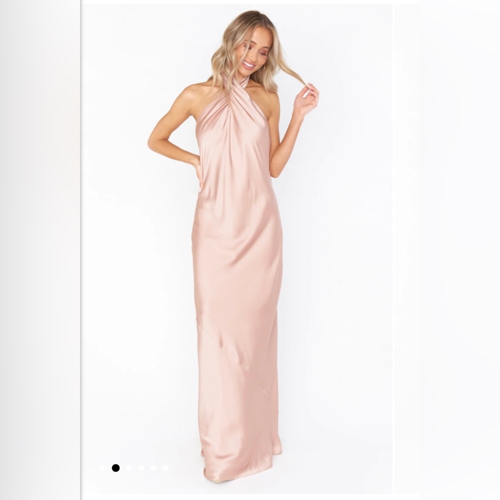 Show Me Your Mumu Jasmine Halter Maxi Dress Rose Gold Luxe Satin